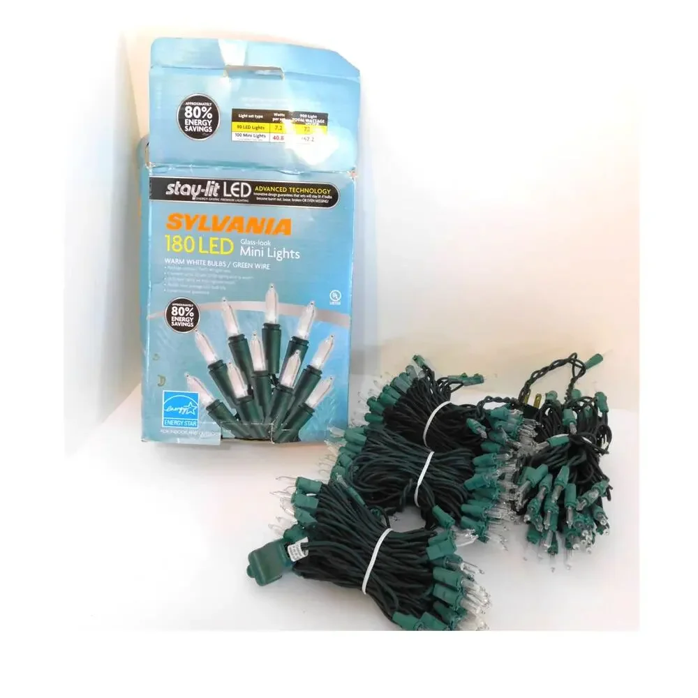 Sylvania Stay-Lit 180 LED Glass-Look Mini Lights Warm White & Green Wire